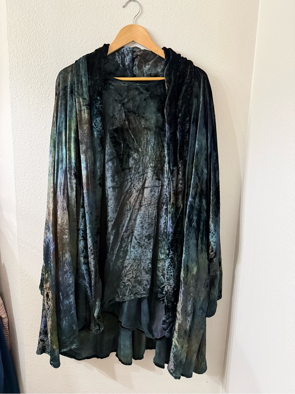 Velvet Open-Front Draped Cardigan Set with matching top in Iridescent Black